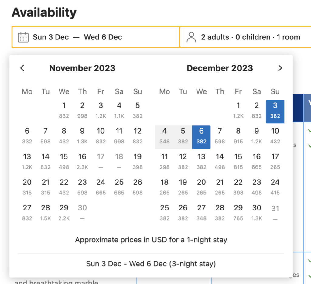 Accommodation prices